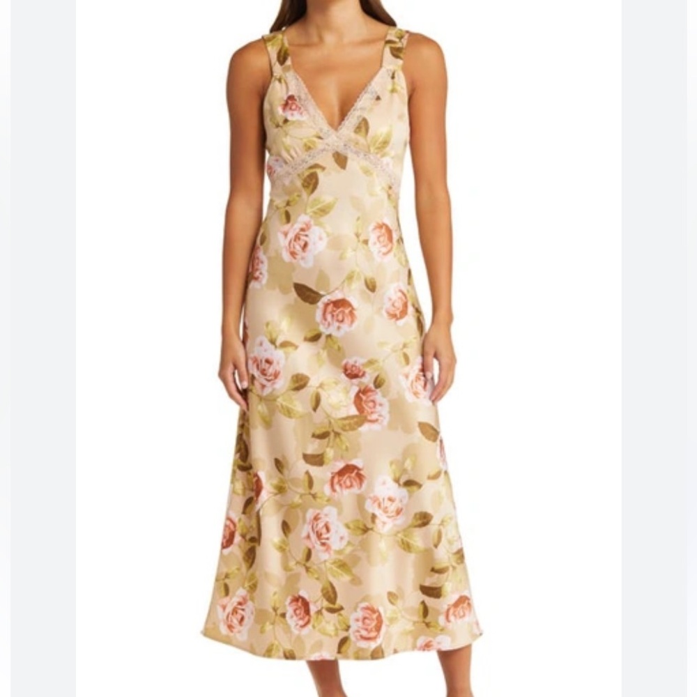 Floral Print Midi Slip Dress - Cream and Nude